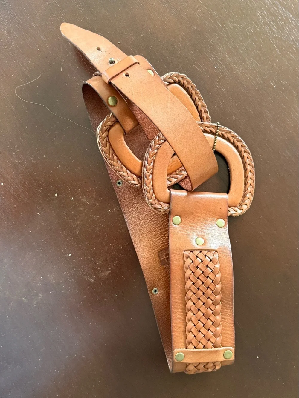 Braided Tan Leather Belt with Brass Accents